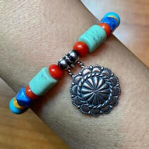 Carolyn Pollack Vintage Sterling Multi Gemstone Bead w/Charm Stretch Bracelet